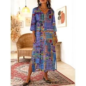 Dame Midikjole Boho-kjole Skift Kjole Sommerkjole Strand kjole Boheme Ferie Etnisk Strand Ferie Stævnemøde Løstsiddende Grafisk Abstrakt 3/4-ærmer V-hals Lilla